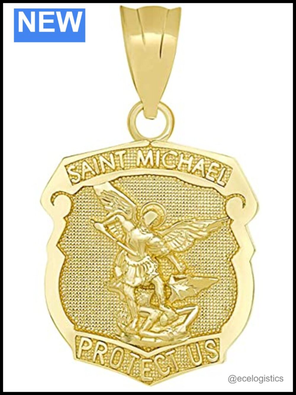 10K Gold Saint Michael Archangel Shield Medal Pendant Necklace Charm